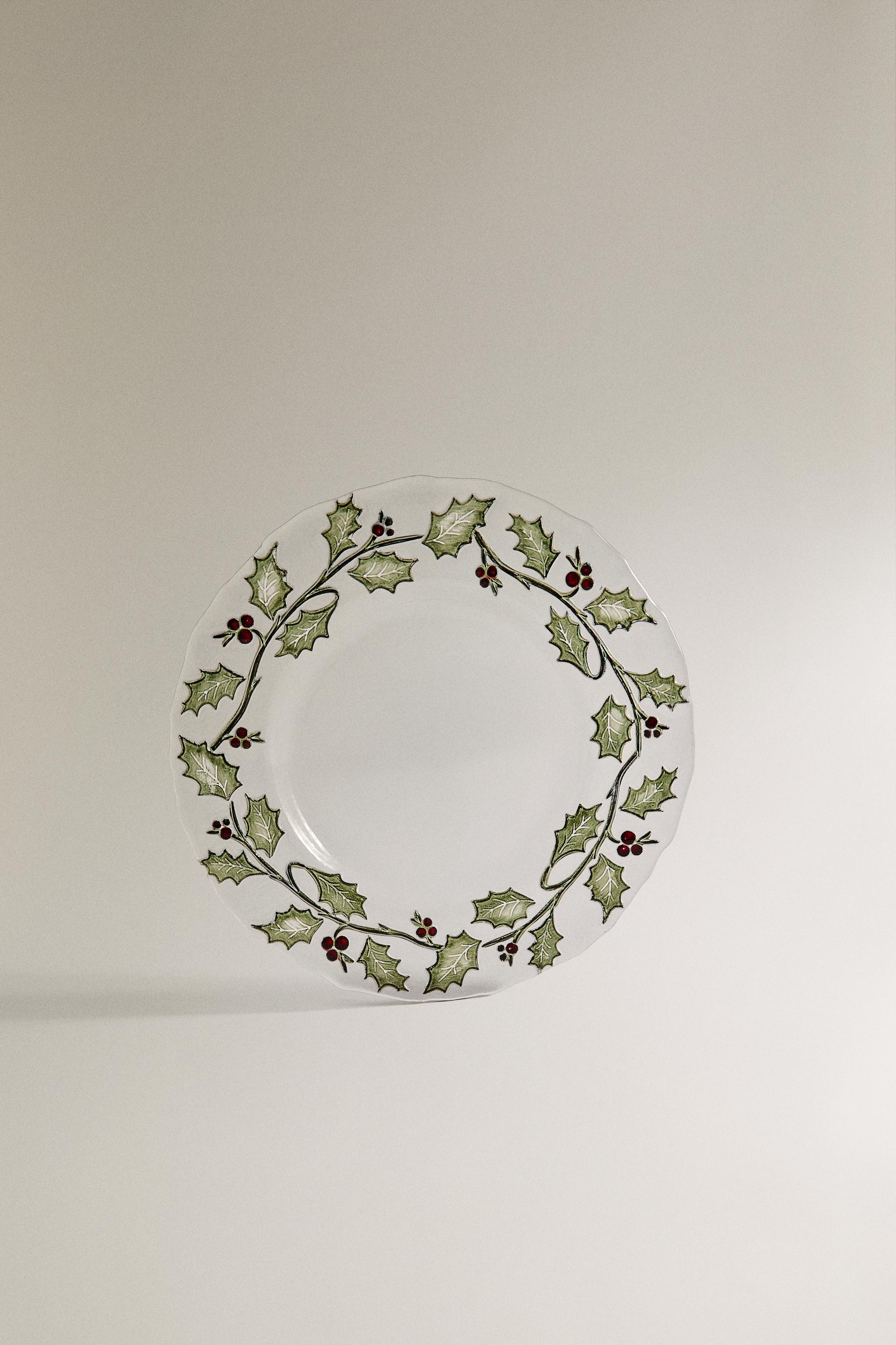 ASSIETTE À DESSERT EN VERRE FEUILLE DE HOUX NOËL